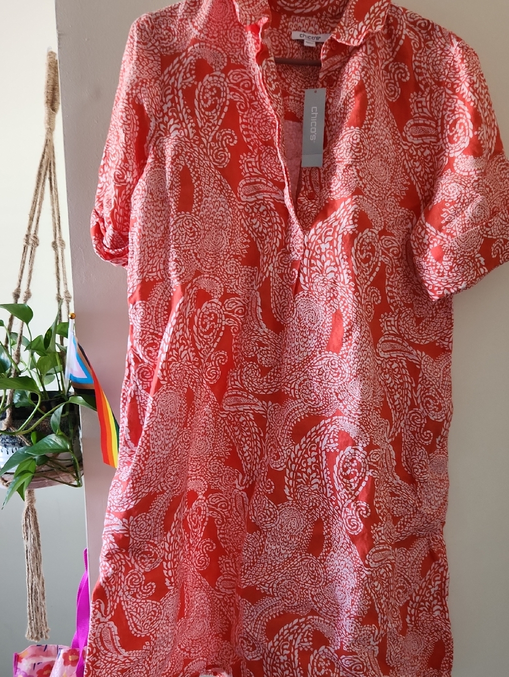 Chico's Coral and White Paisley Button-Front Shirt